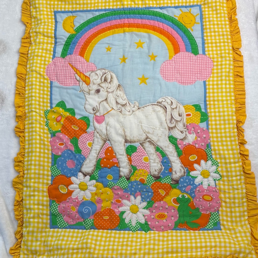 Vintage quilted Baby Blanket Mystical Unicorn Rainbow Meadow Friends 33.5x42 in